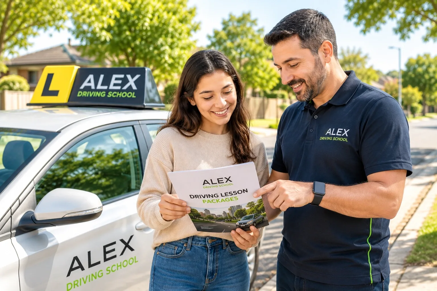 Learner driver reviewing driving lesson packages with a driving instructor beside an Alex Driving School car in Rowville